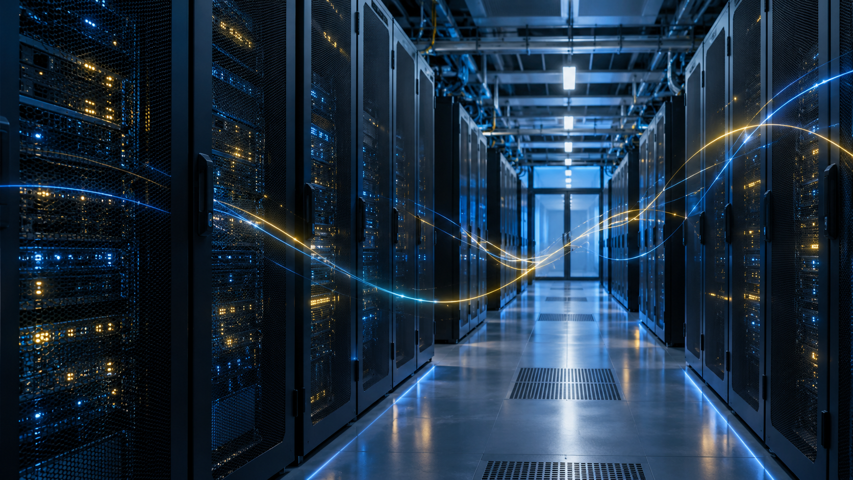 Conceptual illustration of server cabinets connected by blue and yellow data trails